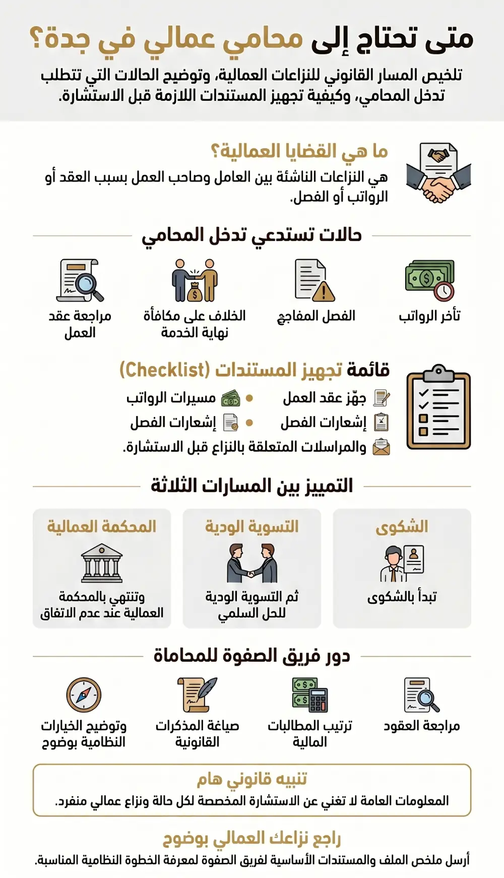 محامي عمالي جدة: متى تحتاجه في القضايا العمالية؟ 3 إنفوغرافيك يوضح متى تحتاج إلى محامي عمالي في جدة والمستندات المطلوبة قبل الشكوى أو المحكمة العمالية