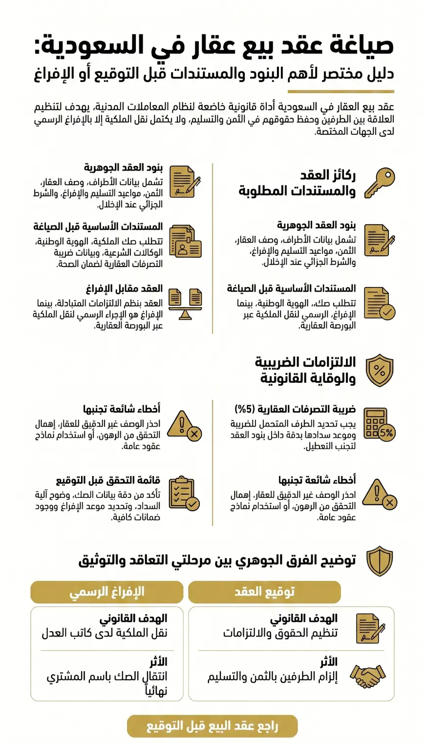 صياغة عقد بيع عقار في السعودية: الشروط القانونية ونموذج عقد بيع عقار 3 صياغة عقد بيع عقار في السعودية