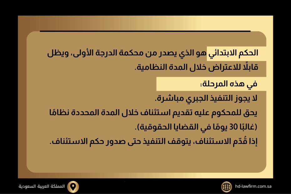متى يتم تنفيذ الحكم بعد صدوره في السعودية؟ شرح تفصيلي للمدة والإجراءات 3 الحكم الابتدائي هو الذي يصدر من محكمة الدرجة الأولى، ويظل قابلاً للاعتراض خلال المدة النظامية
