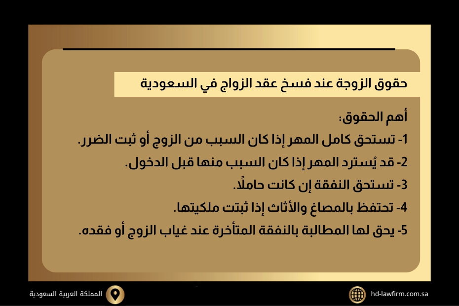 حقوق الزوجة في حالة فسخ عقد الزواج في السعودية: قبل وبعد الخلوة 3 حقوق الزوجة عند فسخ عقد الزواج في السعودية