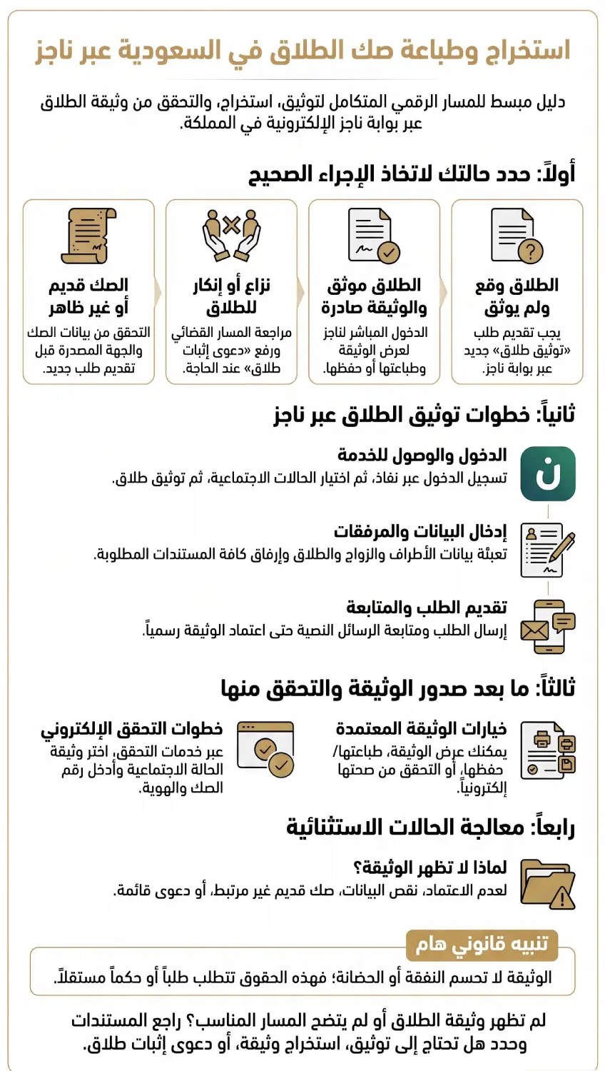 خطوات استخراج وطباعة صك الطلاق عبر ناجز في السعودية، والتحقق من الوثيقة والتعامل مع الصك القديم