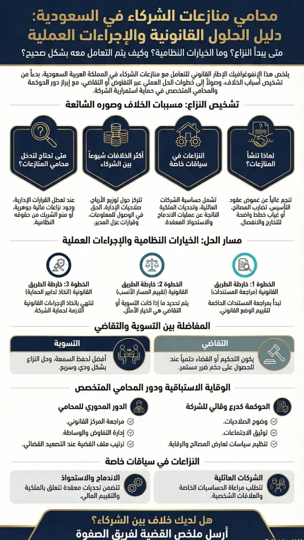 محامي منازعات شركاء واندماج شركات: حلول قانونية في السعودية 1 إنفوغرافيك حول الدليل القانوني حول محامي منازعات شركاء في السعودية