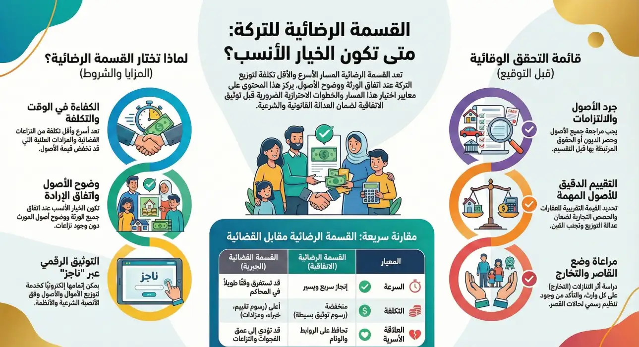 محامي قسمة تركة وحصر ورثة: دليل قانوني في السعودية 2 القسمة الرضائية متى تكون الخيار الأنسب؟