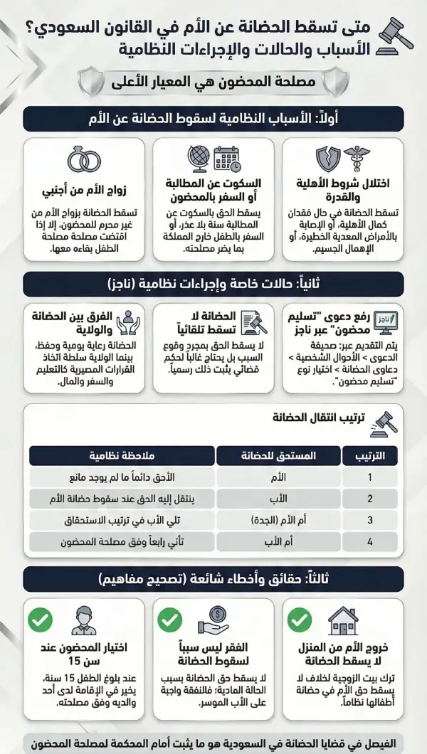 متى تسقط حضانة الأم في القانون السعودي؟ الأسباب والحالات العملية 3 إنفوغرافيك حول سقوط الحضانة عن الأم في السعودية