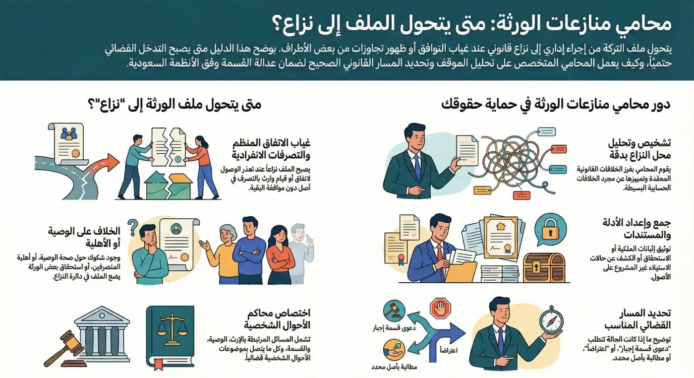 محامي قسمة تركة وحصر ورثة: دليل قانوني في السعودية 3 محامي منازعات الورثة والمسار القانوني