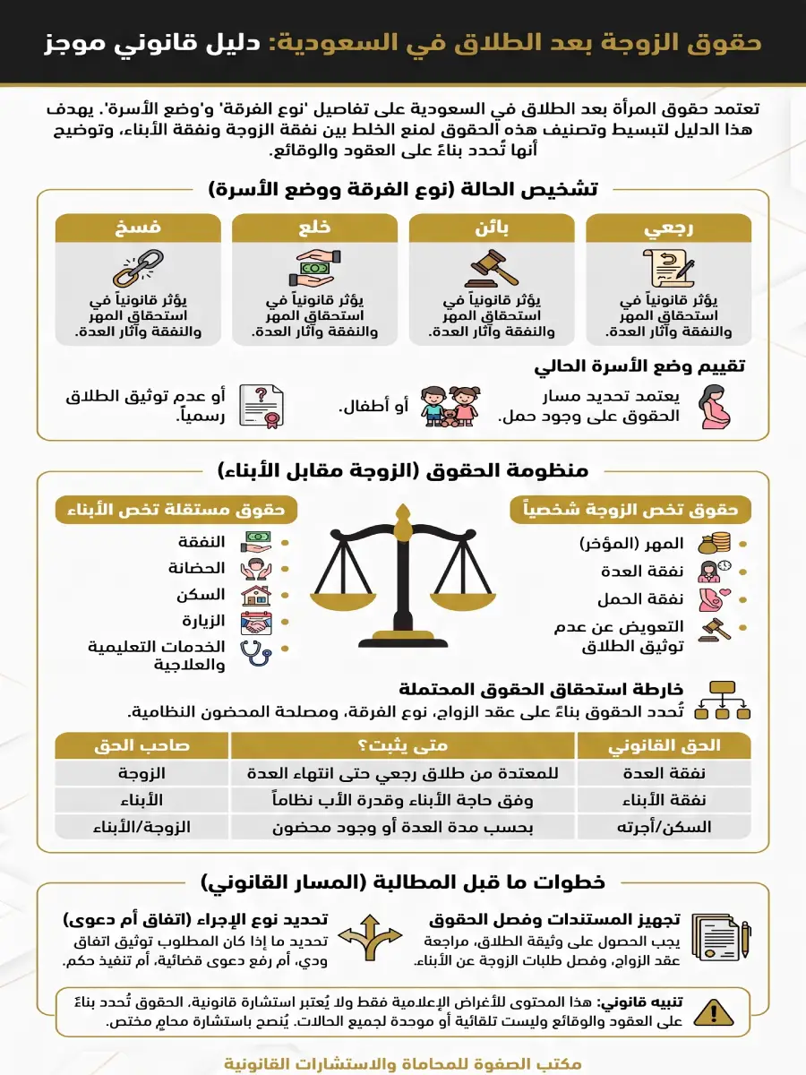 حقوق الزوجة بعد الطلاق في السعودية 3 حقوق الزوجة بعد الطلاق في السعودية بحسب نوع الفرقة ووجود أطفال، ويشمل المهر والنفقة والحضانة والسكن.
