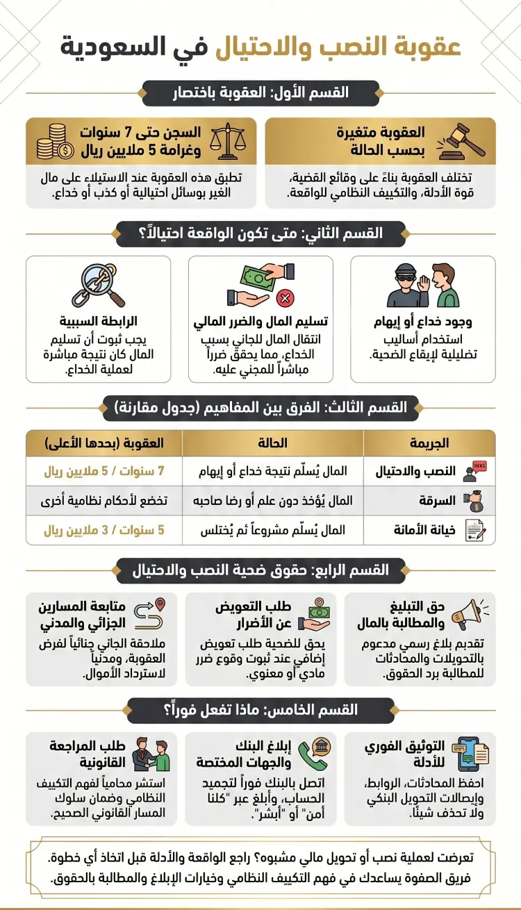 عقوبة النصب والاحتيال في السعودية وحقوق الضحية والفرق بين العقوبة ورد المال والتعويض