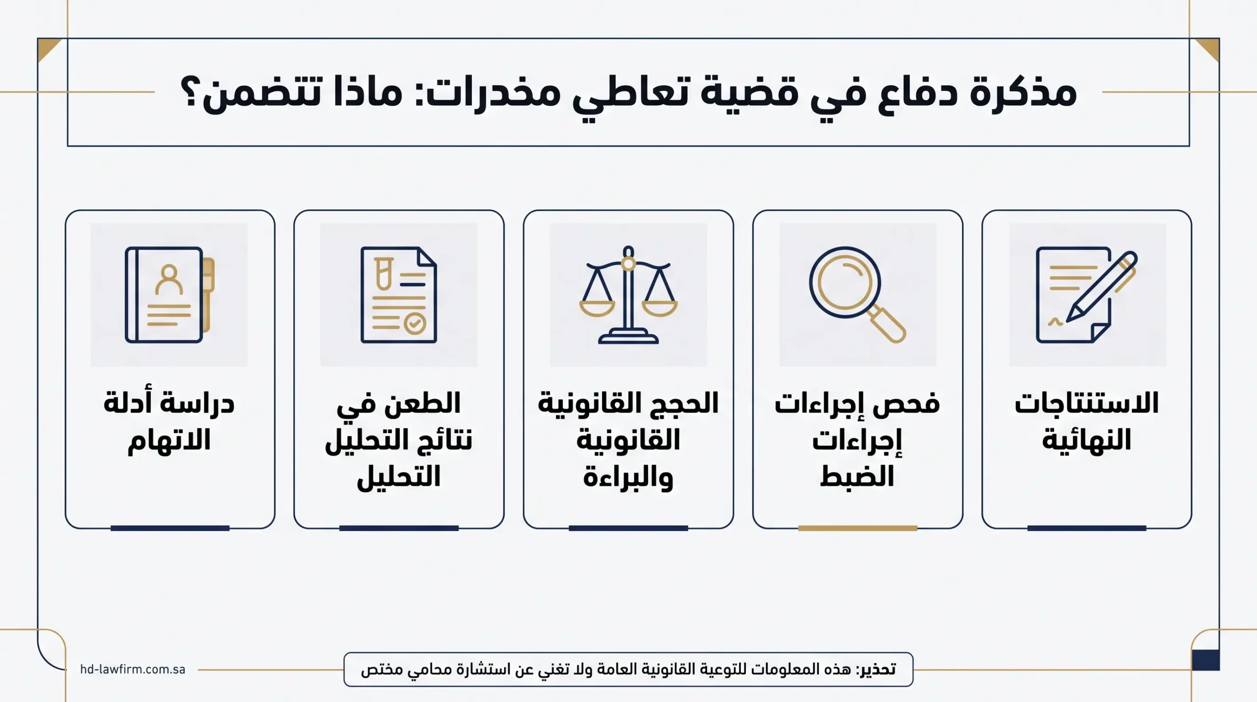 عناصر مذكرة دفاع في قضية تعاطي مخدرات في السعودية ومراجعة التحليل والأقوال والإجراءات والدفوع